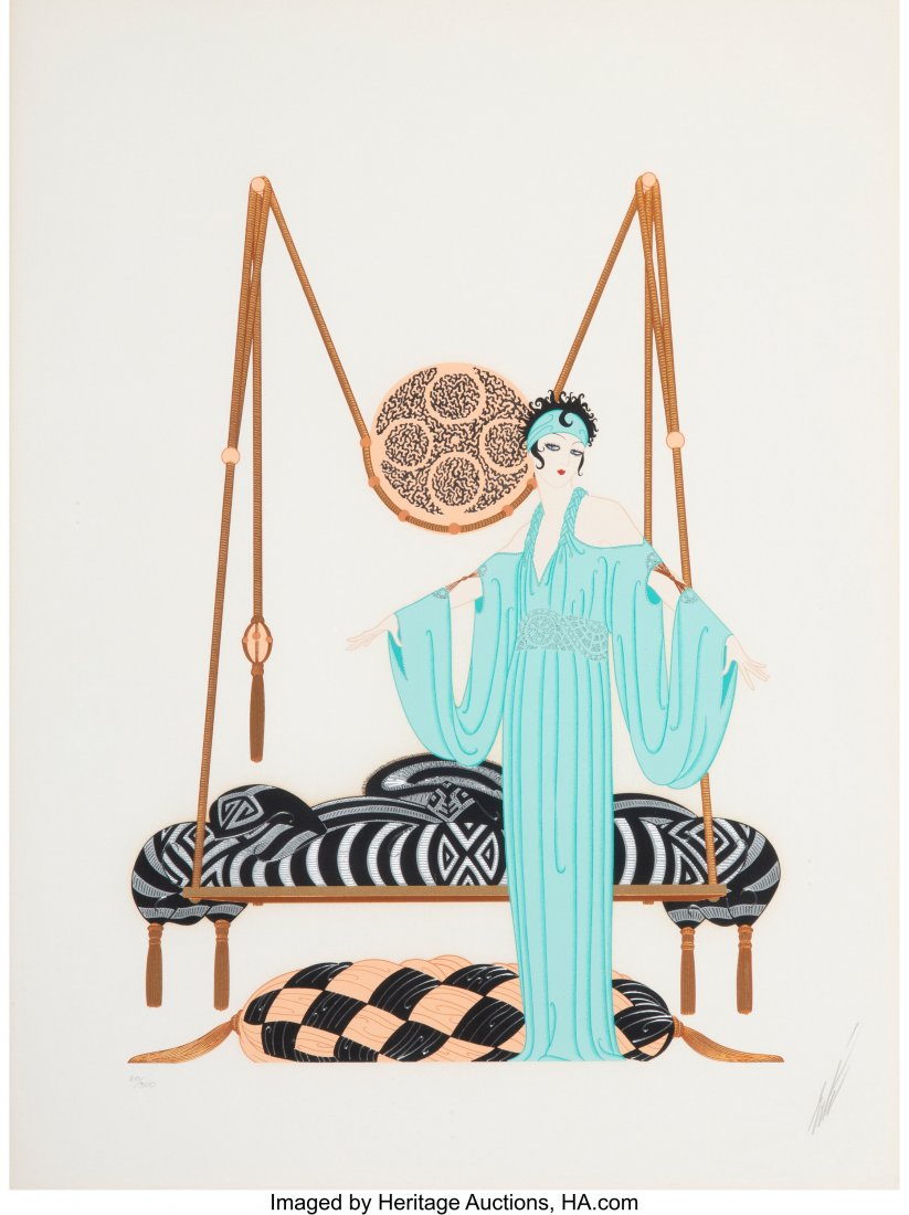 Erté (Romain de Tirtoff) (Russian/French,: Erté (Romain de Tirtoff) (Russian/French, 1892-1990) Pillow Swing, 1985 Serigraph in colors on Arches 88 paper 27 x 20 inches (68.6 x 50.8 cm) (sight) Ed. 20/300 Signed and numbered in pencil a