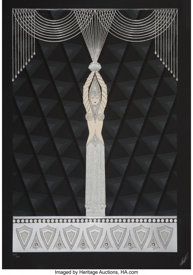 Erté (Romain de Tirtoff) (Russian/French,: Erté (Romain de Tirtoff) (Russian/French, 1892-1990) Pearls and Diamonds, from The Jeweled Gown Suite, 1986 Serigraph in colors on black wove paper 32-1/2 x 23 inches (82.6 x 58.4 cm) (sight) E