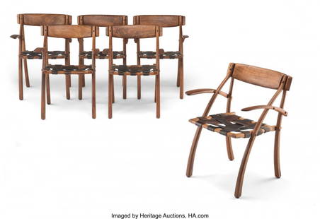 Arthur Espenet Carpenter (American, 1920-2006) R: Arthur Espenet Carpenter (American, 1920-2006) Rare Set of Six Wishbone Armchairs, circa 1987 Walnut, leather 31-3/8 inches (79.7 cm) (each) Each incised Espenet 8710 to undersides PROVENANCE: