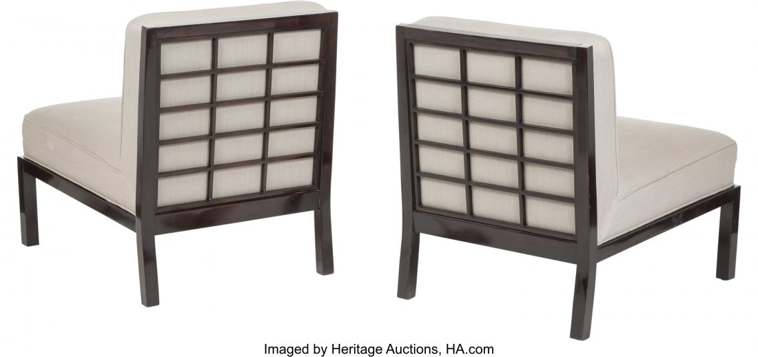 Michael Taylor (American, b. 1952) Pair of Slipp: Michael Taylor (American, b. 1952) Pair of Slipper Chairs, circa 1955, Baker Lacquered wood, upholstery 30 x 28 x 28 inches (76.2 x 71.1 x 71.1 cm) (each) HID03101062020 © 2020 Heritage Auctions