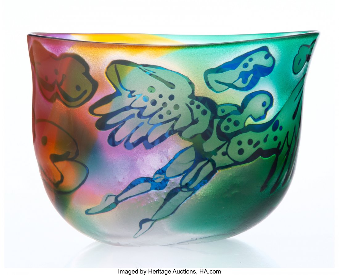 Bertil Vallien (Swedish, b. 1938) Icarus Bowl, c: Bertil Vallien (Swedish, b. 1938) Icarus Bowl, circa 1990, Kosta Glass 5-3/4 x 8-1/4 x 7 inches (14.6 x 21.0 x 17.8 cm) Incised Kosta, Unik B.6, B. Vallien, (maker's mark) to underside HID03101062020