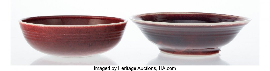 Brother Thomas Bezanson (American/Canadian, 1929: Brother Thomas Bezanson (American/Canadian, 1929-2007) Two Bowls Porcelain 3-1/2 x 11-5/8 inches (8.9 x 29.5 cm) (larger) Each incised Benedictine Monks, Weston, Vermont, (cross), (icthys), (various)