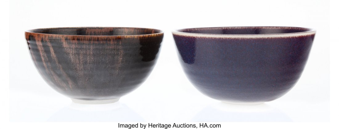 Brother Thomas Bezanson (American/Canadian, 1929: Brother Thomas Bezanson (American/Canadian, 1929-2007) Two Bowls Porcelain 3-7/8 x 7-7/8 inches (9.8 x 20.0 cm) (larger, blue and red) Each incised Benedictine Monks, Weston, Vermont, (icthys), (cross