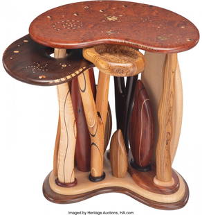 Steven Spiro (American, b. 1949) Inlaid Side Tab: Steven Spiro (American, b. 1949) Inlaid Side Table, 2013 Mixed hardwood, mother-of-pearl 23-3/4 x 24 x 20 inches (60.3 x 61.0 x 50.8 cm) Signed to base SPIRO 13 HID03101062020 &copy; 2020 Heritage Auc