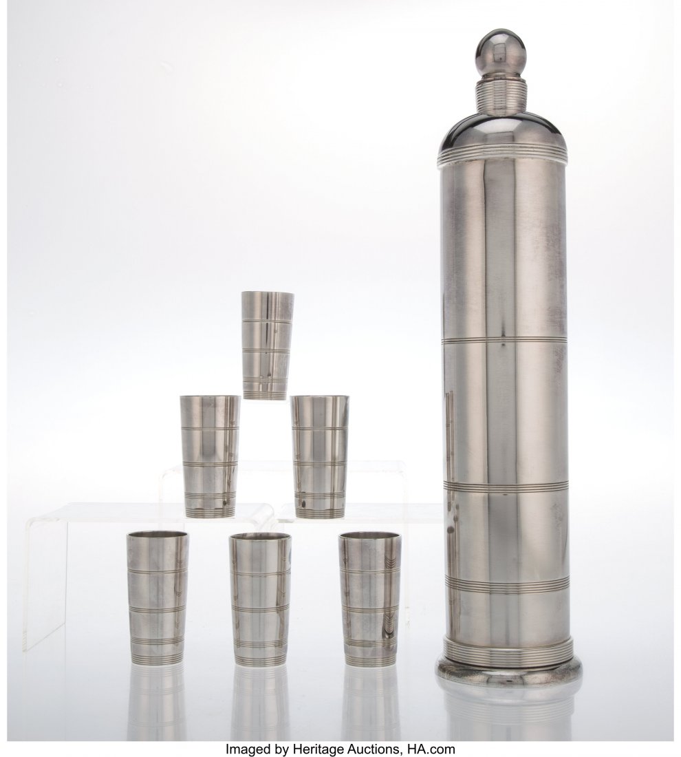 Lurelle Van Arsdale Guild (American, 1898-1985): Lurelle Van Arsdale Guild (American, 1898-1985) Cocktail Shaker and Six Cups, circa 1934 Silver-plated metal 15-3/4 x 3-1/2 inches (40.0 x 8.9 cm) (shaker) Marked to shaker Lurelle Guild, INTERNATIONA