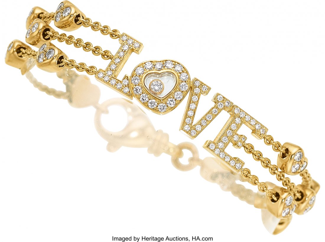 Diamond, Gold Bracelet, Chopard Stones: Full-cu: Diamond, Gold Bracelet, Chopard Stones: Full-cut diamonds weighing a total of 1.54 carats Metal: 18k gold Marked: Chopard, Ref. 85/3225-20, No. 2757181 Collection: Happy Hearts Love Gross Weight: 23.3