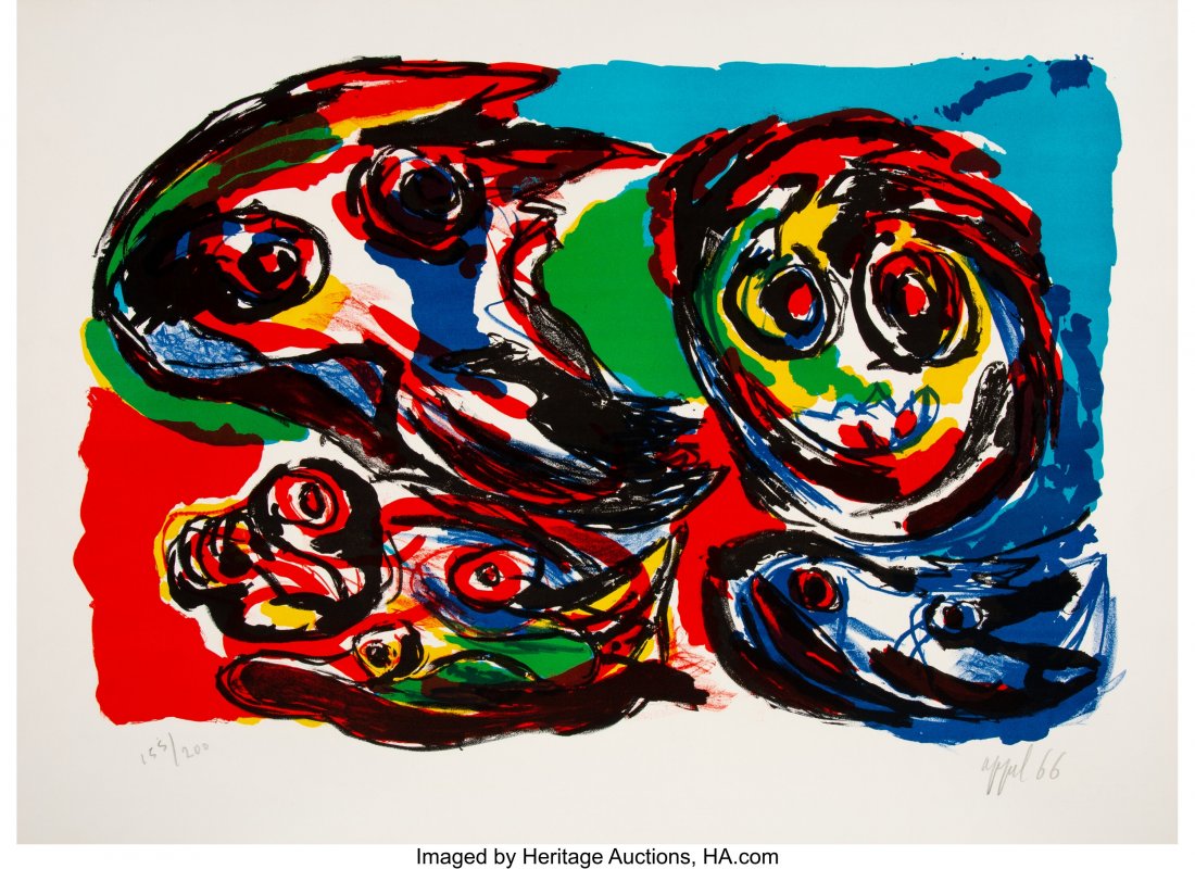 Karel Appel (1921-2006) Four Heads, 1966 Lithogr: Karel Appel (1921-2006) Four Heads, 1966 Lithograph in colors on Rives BFK paper 22 x 30 inches (55.9 x 76.2 cm) (sheet) Ed. 155/200 Signed, numbered, and dated along the lower edge HID03101062020 &co