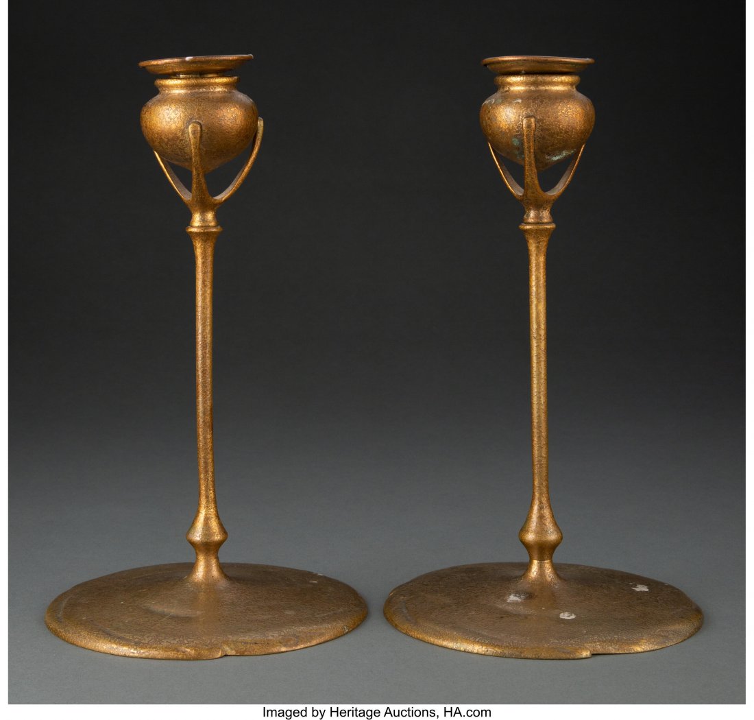 Pair of Tiffany Studios Gilt Bronze Candlesticks: Pair of Tiffany Studios Gilt Bronze Candlesticks, circa 1905 Marks: TIFFANY STUDIOS, NEW YORK, 1213 10 inches (25.4 cm) (each) HID03101062020 © 2020 Heritage Auctions | All Rights Reserved