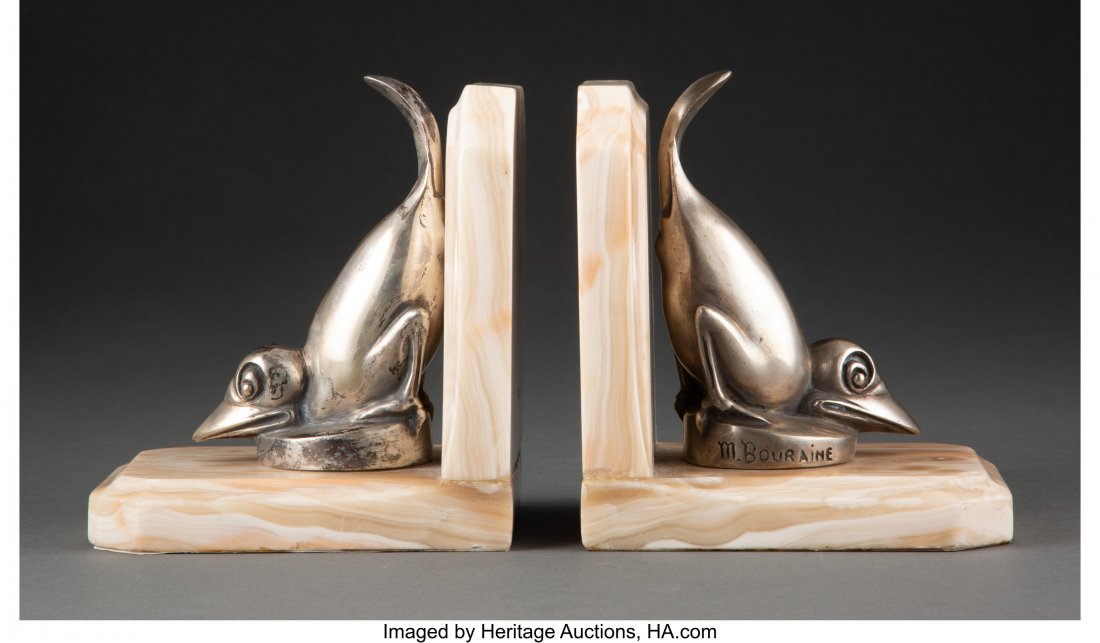 Pair of Marcel Bouraine Metal and Stone Bookends: Pair of Marcel Bouraine Metal and Stone Bookends, circa 1925 Marks: M. Bouraine 5 inches (12.7 cm) (each) The Valerio Collection HID03101062020 © 2020 Heritage Auctions | All Rights Reserved