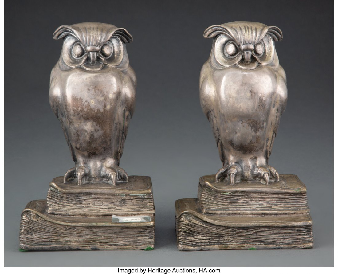 Pair of Marcel Bouraine Silvered Bronze Owl-Figu: Pair of Marcel Bouraine Silvered Bronze Owl-Figure Bookends, France, circa 1930 Marks: M. Bouraine, PHILOSOPHIE, (various) 8 x 4-3/4 x 3-1/2 inches (20.3 x 12.1 x 8.9 cm) (each) The Valerio Collection