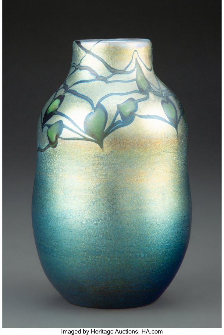 Tiffany Studios Decorated Favrile Glass Vase, ci: Tiffany Studios Decorated Favrile Glass Vase, circa 1910 Marks: L.C. Tiffany, Favrile, Exhibition Piece, 2939M 6 inches (15.2 cm) HID03101062020 © 2020 Heritage Auctions | All Rights Reserved