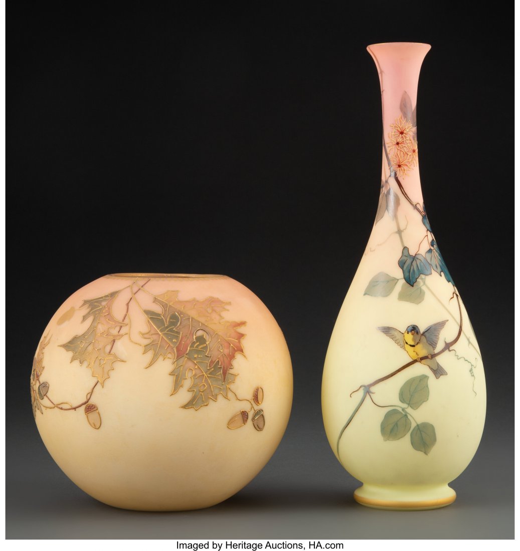 Two American Enameled Burmese Glass Vases, late : Two American Enameled Burmese Glass Vases, late 19th century 11 inches (27.9 cm) (tallest) HID03101062020 © 2020 Heritage Auctions | All Rights Reserved
