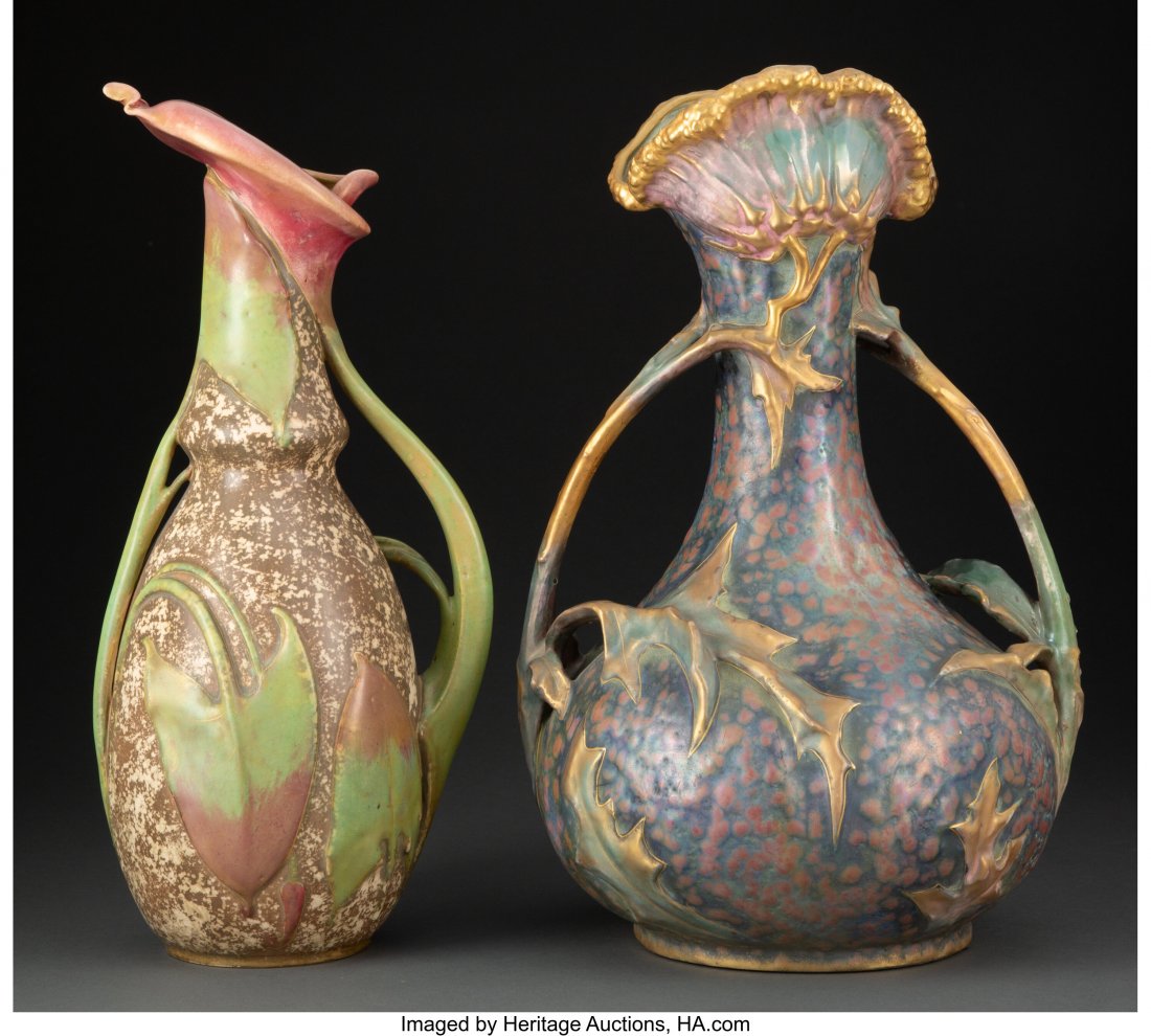 Two Amphora Partial Gilt Pottery Vases, circa 19: Two Amphora Partial Gilt Pottery Vases, circa 1900 Marks: (crown), AMPHORA, AUSTRIA, (various) 15-1/8 x 9-1/2 inches (38.4 x 24.1 cm) (tallest, Thistle) PROVENANCE: Acquired from John Cobabe, Redondo 