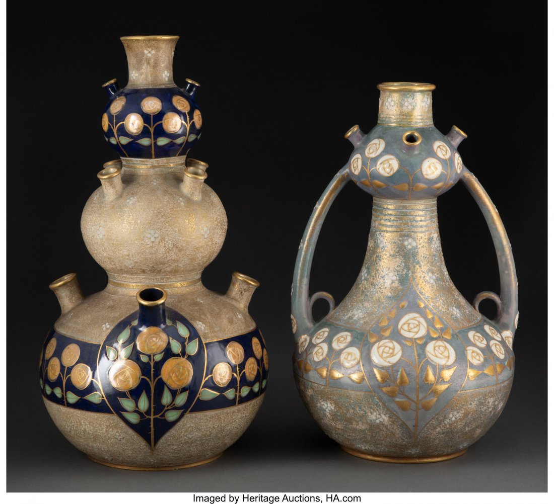 Two Amphora Partial Gilt Pottery Vases, circa 19: Two Amphora Partial Gilt Pottery Vases, circa 1905 Marks: (various) 17-1/4 x 8-3/4 inches (43.8 x 22.2 cm) (tallest) The lot comprising: 1 Geometric vase with nine mouths, model no. 1160; 1 Geometric 