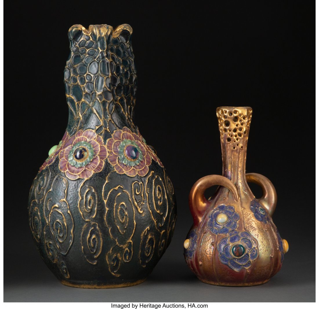 Two Amphora Grès-Bijou Partial Gilt Potte: Two Amphora Grès-Bijou Partial Gilt Pottery Vases with Applied Frit Stones, circa 1905 Marks: AMPHORA, AUSTRIA, (various) 13-1/2 x 8 inches (34.3 x 20.3 cm) (tallest) PROVENANCE: Acquired from 