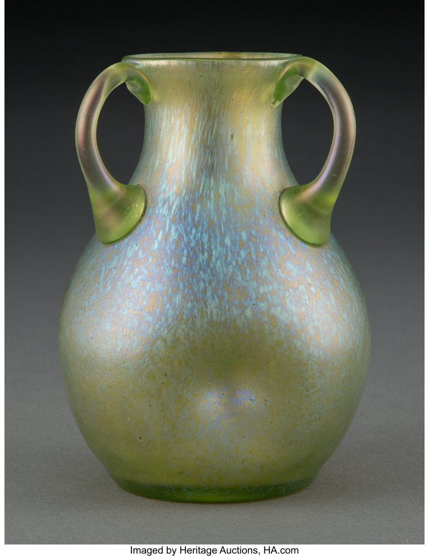 Loetz Glass Three-Handled Crete Papillon Vase, c: Loetz Glass Three-Handled Crete Papillon Vase, circa 1900 5-1/4 inches (13.3 cm) HID03101062020 © 2020 Heritage Auctions | All Rights Reserved