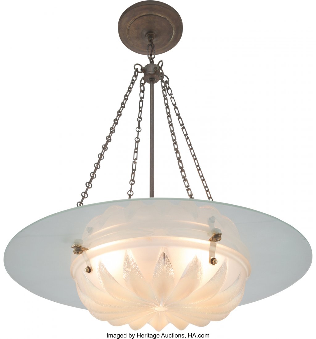 R. Lalique Opalescent Glass Châtaignier C: R. Lalique Opalescent Glass Châtaignier Coupe with Ceiling Light Mount, circa 1933 and later Marks: R. LALIQUE, FRANCE 13-3/4 inches (35 cm), M. p.308, no. 10-388 The lighting mount measuring 25