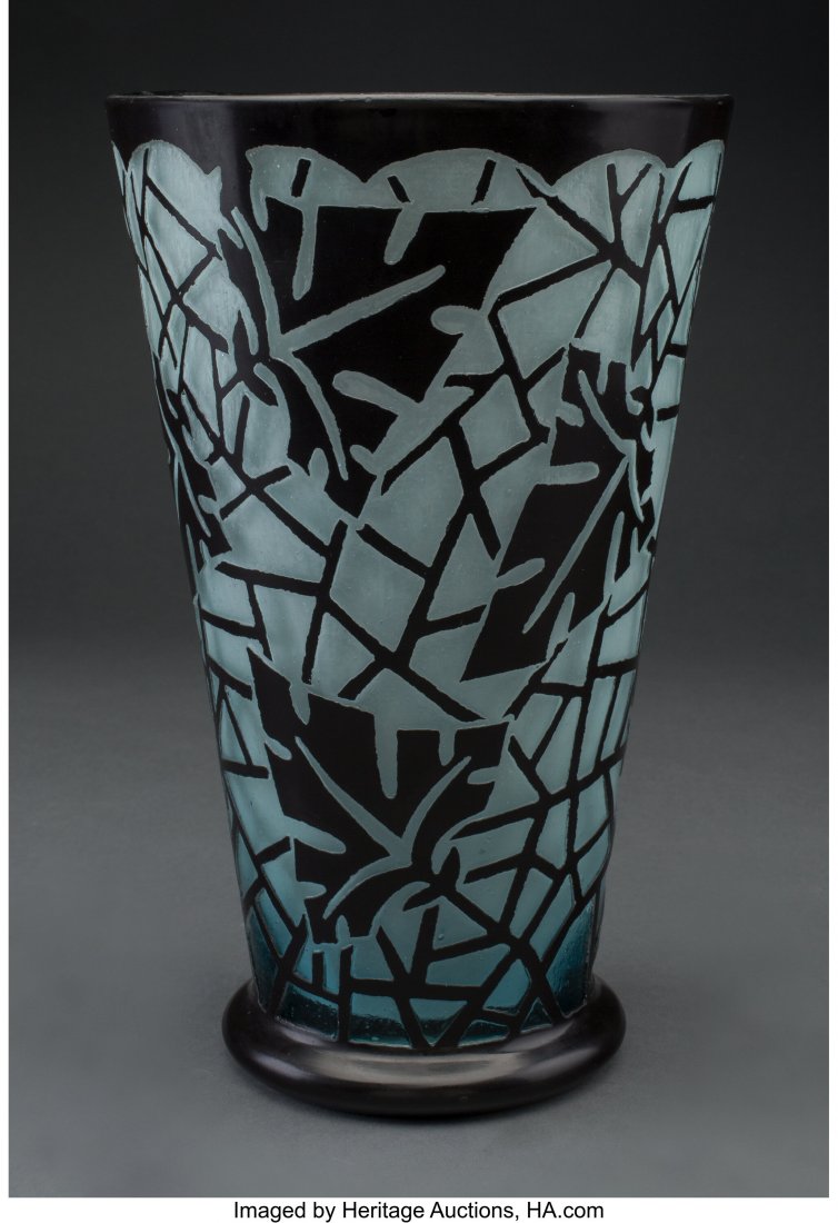 Steuben Acid-Etched Mirror Black Over Alabaster: Steuben Acid-Etched Mirror Black Over Alabaster Glass Boothbay Vase, circa 1920 10 inches (25.4 cm) The vase in shape no. 6777, decorated with Boothbay pattern. HID03101062020 © 2020 Heritage Auc