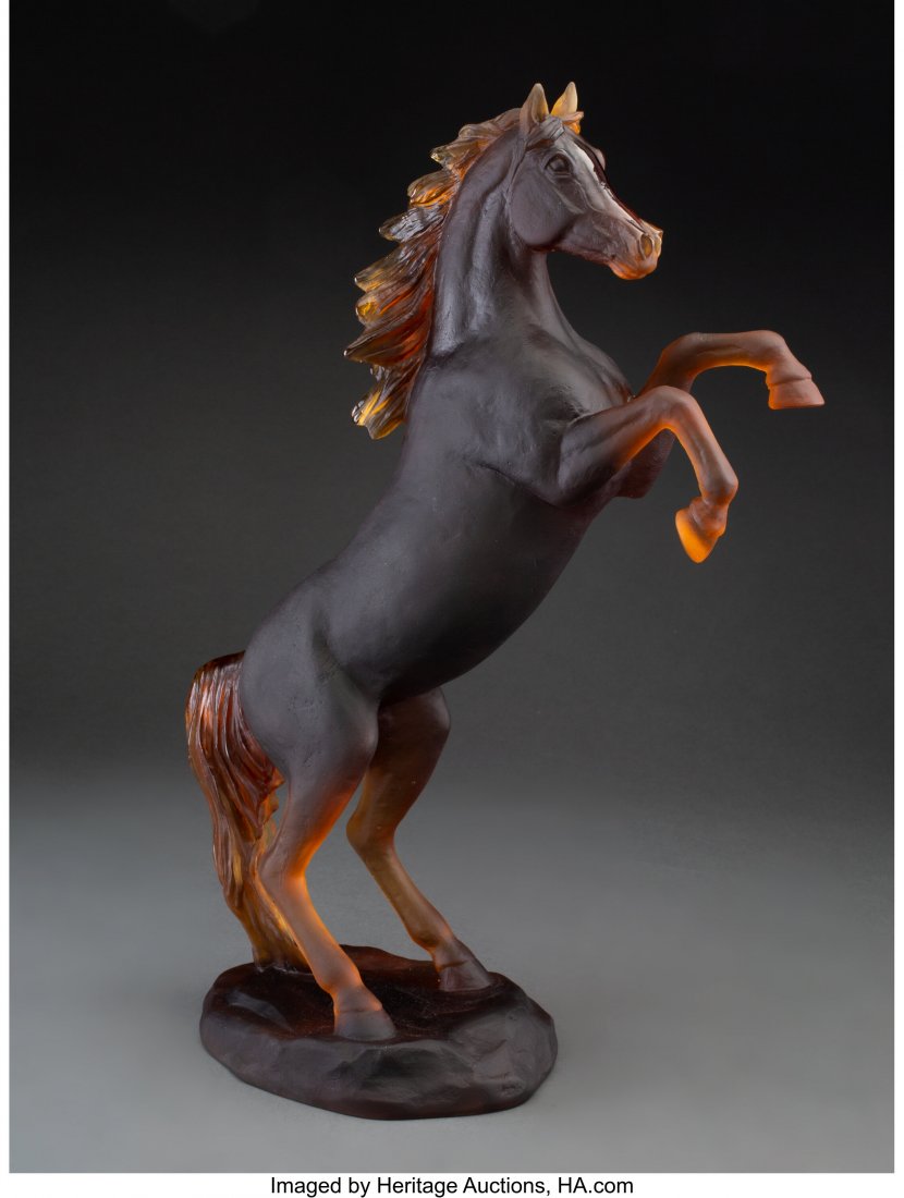 Daum Pâte de Verre Cheval Fougueux Sculpt: Daum Pâte de Verre Cheval Fougueux Sculpture in Original Fitted Box, late 20th century Marks: Daum, France, 109/500 15 inches (38.1 cm) Property from the Estate of Kenneth Alan Hill, Sr., Fort W