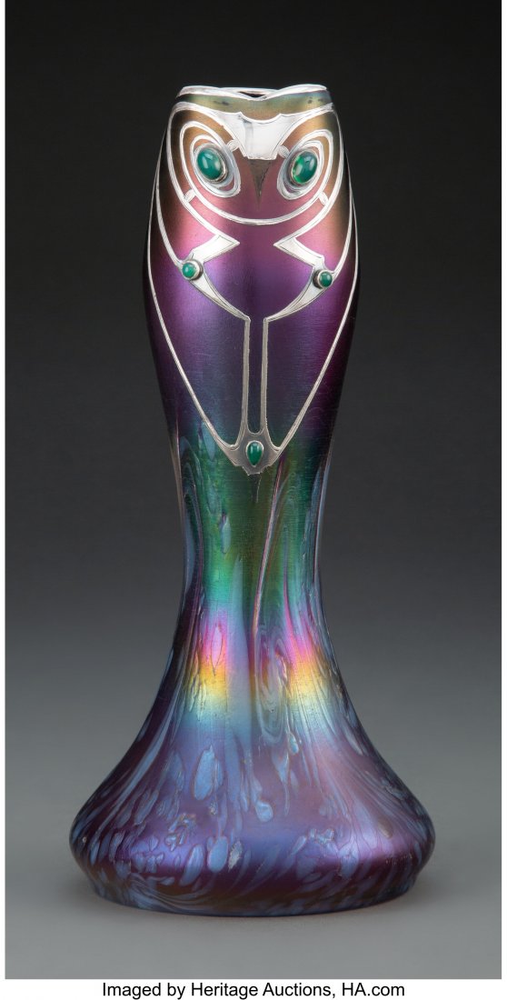 Loetz-Style Glass Vase with Cabochon Mounted Sil: Loetz-Style Glass Vase with Cabochon Mounted Silver Overlay, early 20th century 8-1/2 inches (21.6 cm) The Valerio Collection HID03101062020 © 2020 Heritage Auctions | All Rights Reserved