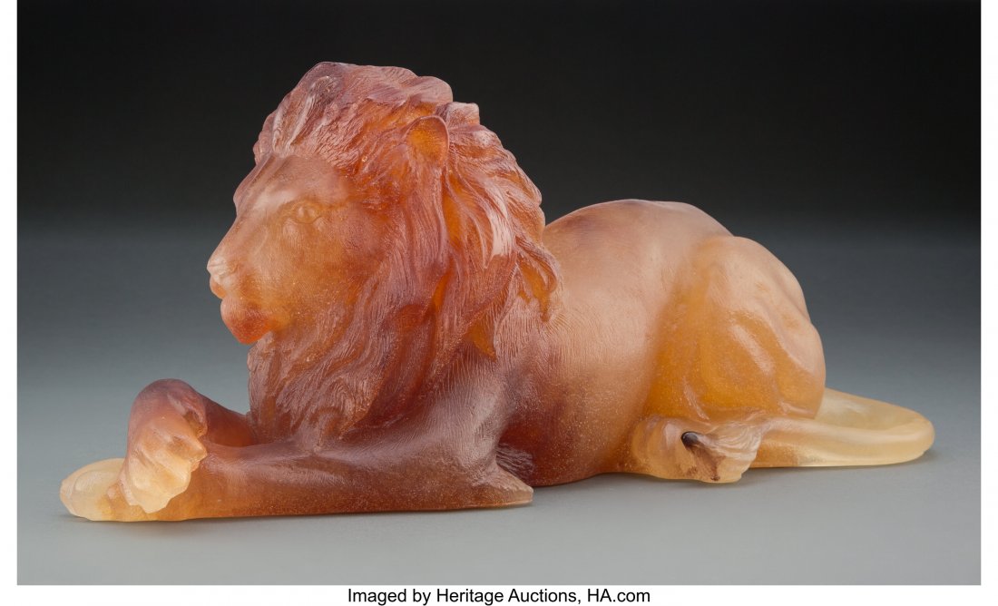 Daum Pâte de Verre Amber Lion, late 20th-: Daum Pâte de Verre Amber Lion, late 20th-early 21st century Marks: Daum France, 29/1000 5-1/2 x 18-1/2 x 4 inches (14.0 x 47.0 x 10.2 cm) HID03101062020© 2020 Heritage Auctions | All Rights Reserved