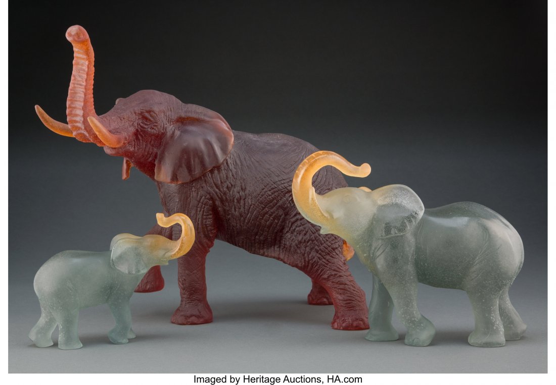 Three Daum Pâte de Verre Elephant Figures: Three Daum Pâte de Verre Elephant Figures, late 20th-early 21st century Marks to tallest: Leroy, Daum, France 13 x 15 x 9-1/2 inches (33.0 x 38.1 x 24.1 cm) (tallest) HID03101062020 © 2020