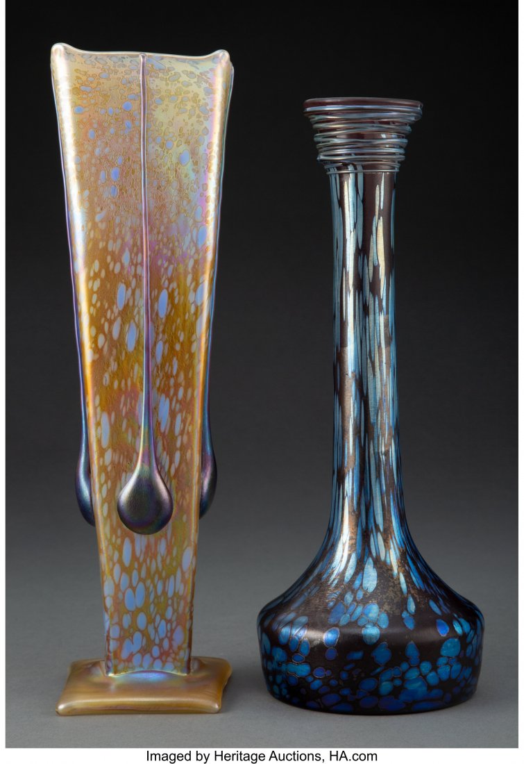 Two Tall Austrian Glass Vases, early 20th centur: Two Tall Austrian Glass Vases, early 20th century Marks to tallest: Loetz, Austria 12-1/2 inches (31.8 cm) (tallest) The Valerio Collection HID03101062020 © 2020 Heritage Auctions | All Rights Re