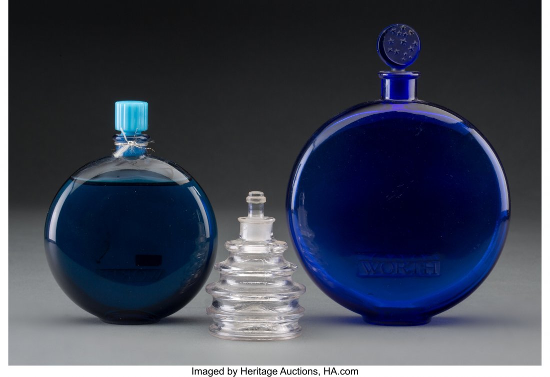 Two R. Lalique for Worth and One Lalique for Wor: Two R. Lalique for Worth and One Lalique for Worth Glass Perfume Bottles, circa 1940 Marks to tallest: R LALIQUE 6-1/4 inches (16 cm) (tallest, Dans la Nuit) The lot comprising: 1 Lalique for Worth Je