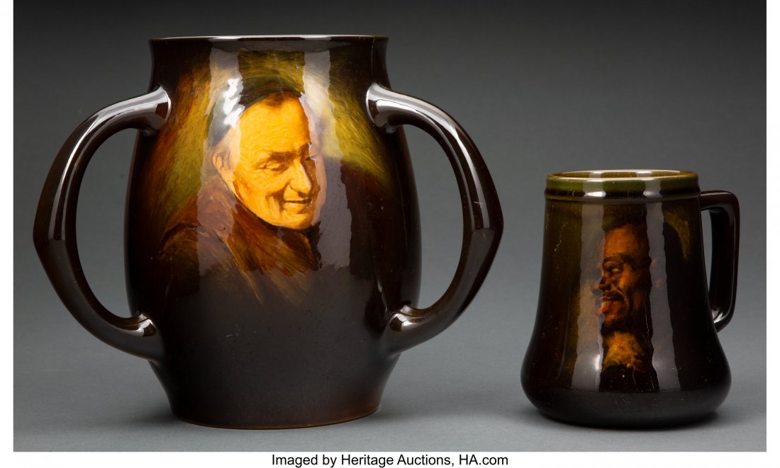 Two Rookwood Pottery Standard Glaze Portrait Mug: Two Rookwood Pottery Standard Glaze Portrait Mugs, circa 1895 Marks to each: (addorsed RP), (various) 8 inches (20.3 cm) (taller) The taller example decorated by Matthew Daly. HID03101062020 © 20