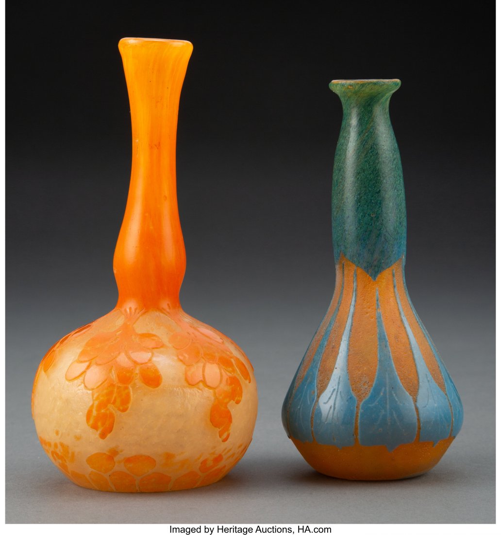 Two Le Verre Français Overlaid, Acid-Etch: Two Le Verre Français Overlaid, Acid-Etched, and Wheel-Carved Glass Cabinet Vases, circa 1925 Marks to one: Le Verre Français Marks to other: (red, white, and blue cane) 5-7/8 inches (14