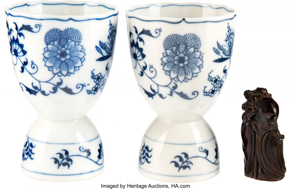 Marlene Dietrich Owned Porcelain Egg Cups (2) an: Marlene Dietrich Owned Porcelain Egg Cups (2) and Carved Wood Figurine. From the estate of the German-American screen legend, this lot contains a pair of egg cups and a carved wood figurine. Includes: