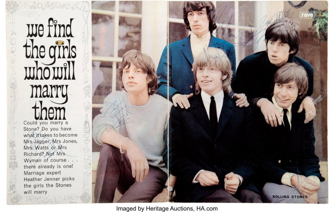 The Rolling Stones Signed Rave Magazine Pages (U: The Rolling Stones Signed Rave Magazine Pages (UK, 1965). A handful of pages taken out of an issue of Rave, with two pages signed by the five members of first era of the Rolling Stones (Mick Jagger, K