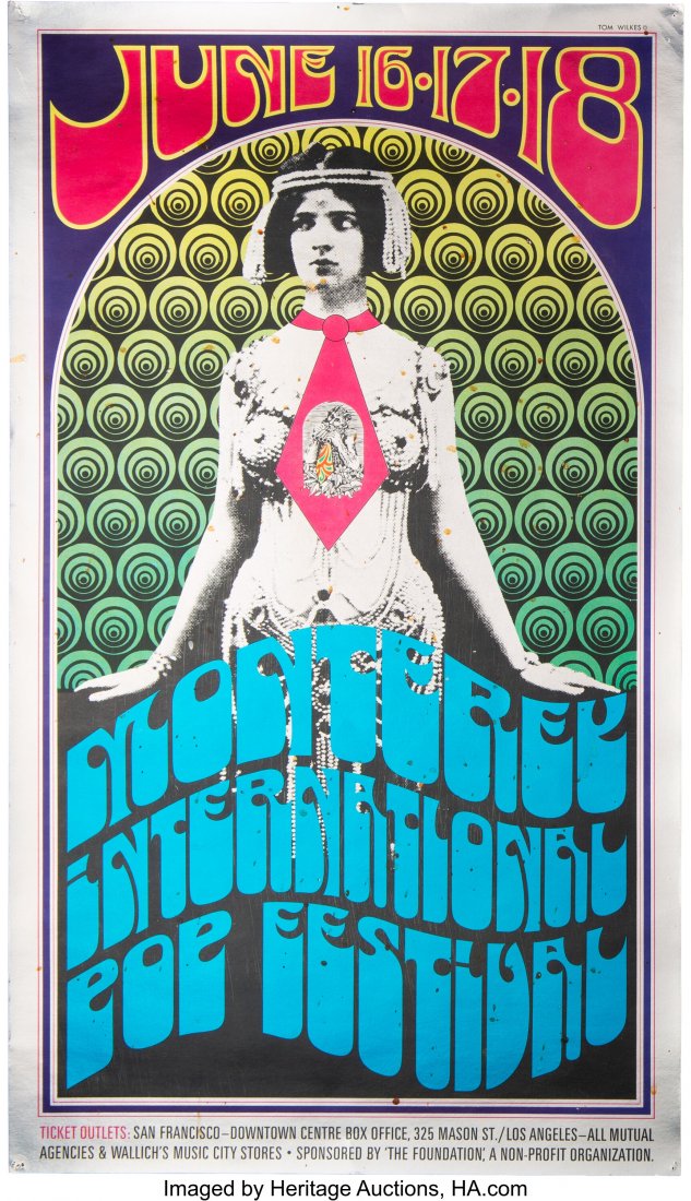 Jimi Hendrix / Janis Joplin / The Who - 1967 Mon: Jimi Hendrix / Janis Joplin / The Who - 1967 Monterey Pop Festival Poster (AOR-3.5). Original standard-sized Monterey Pop poster designed by Tom Wilkes and printed on silver foil stock, to both advert