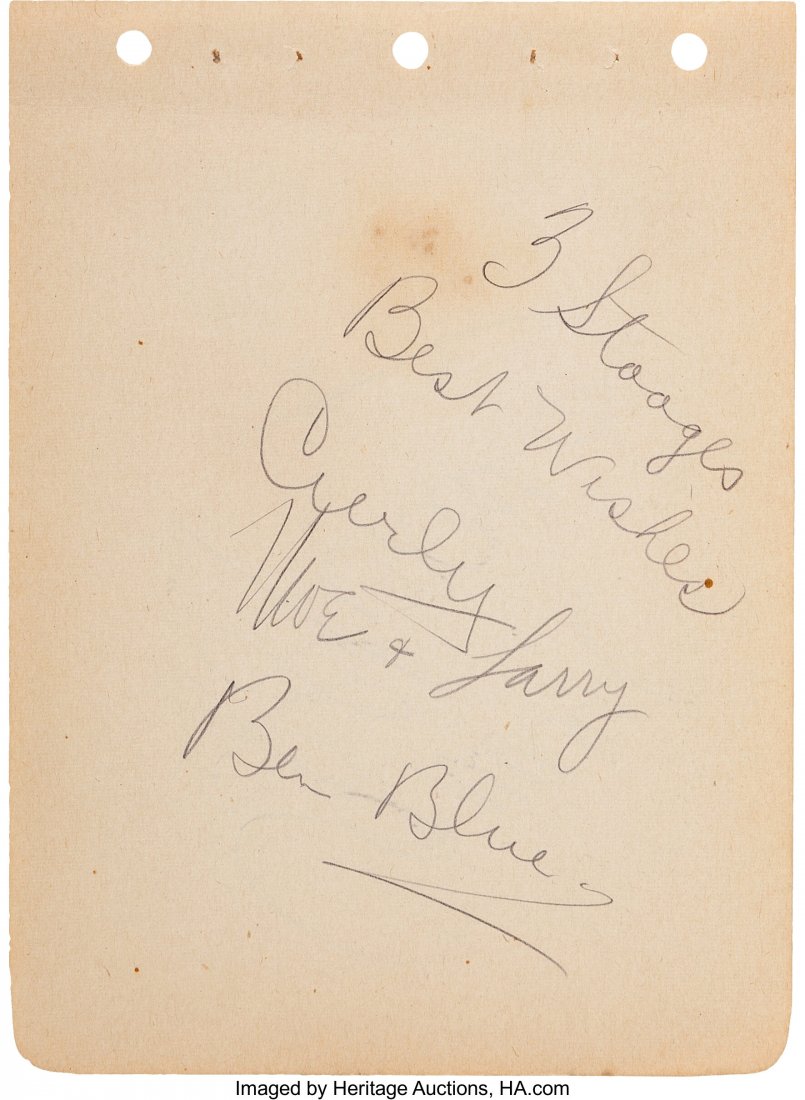 The Three Stooges Signed and Inscribed Album Pag: The Three Stooges Signed and Inscribed Album Page. A toned album page signed (and inscribed "3 Stooges / Best Wishes") by Curly, Moe, and Larry, as well as Ben Blue, with a ballpoint pen. Has an unide