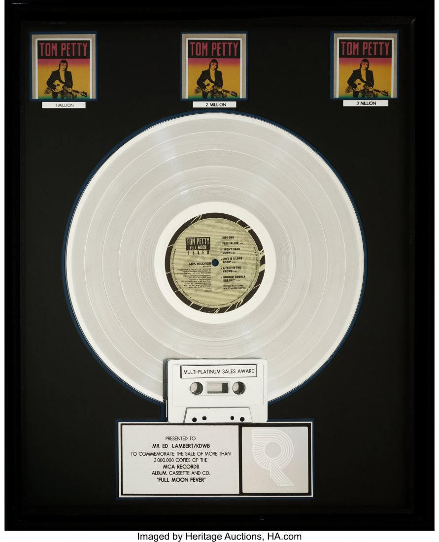 Tom Petty Full Moon Fever RIAA R Hologram Multi-: Tom Petty Full Moon Fever RIAA R Hologram Multi-Platinum Sales Award. A sales award for the first solo album by Tom Petty, presented to a radio programming legend. According to the plaque in the botto