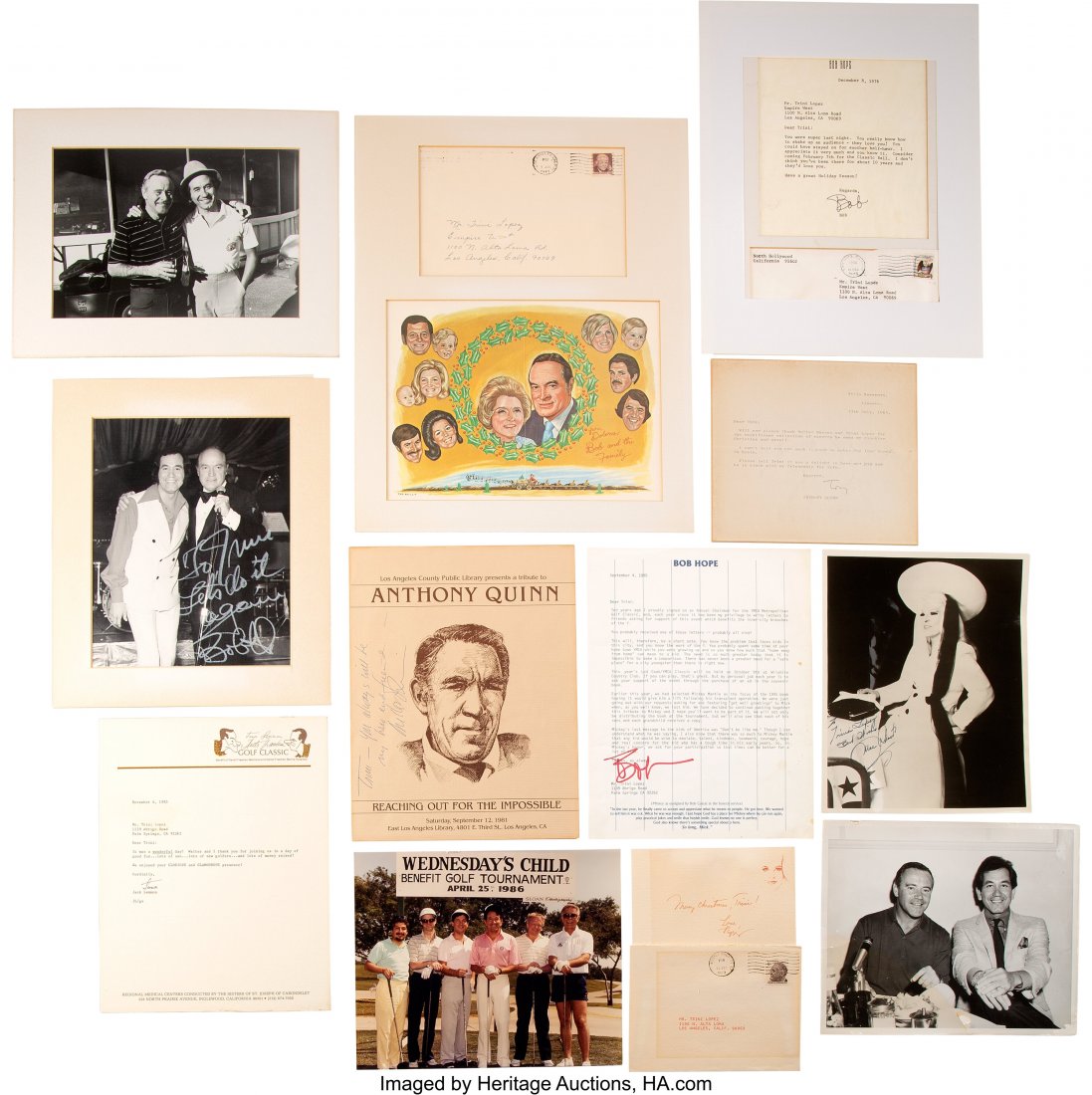 Trini Lopez Collection of Signed Photos and Corr: Trini Lopez Collection of Signed Photos and Correspondence With Bob Hope, Anthony Quinn, Jack Lemmon, Mae West, and Peggy Lee. A collection of various items of various sizes featuring signed and inscr