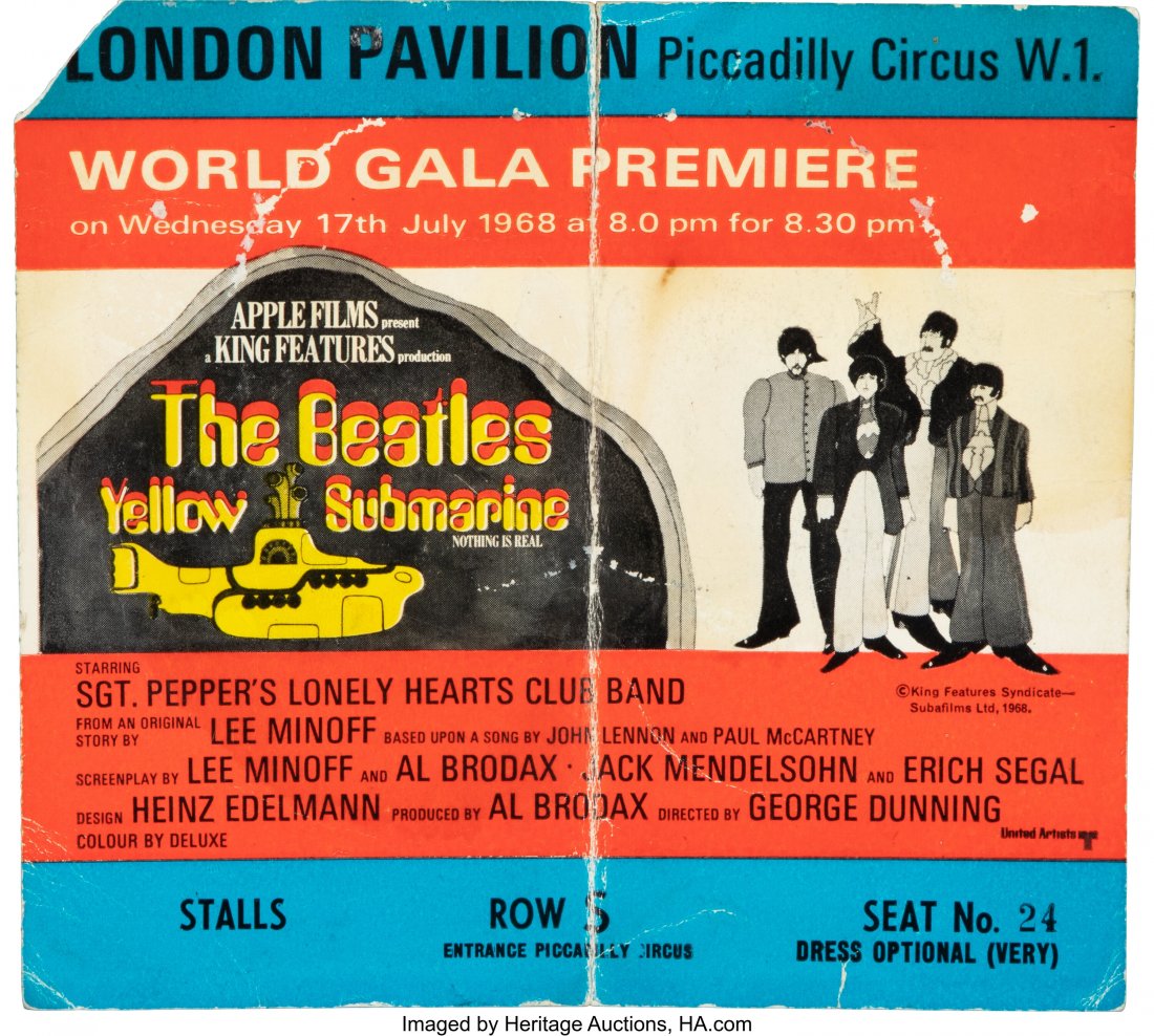 Paul McCartney/John Lennon Signed Yellow Submari: Paul McCartney/John Lennon Signed Yellow Submarine World Gala Movie Premiere Ticket (London Pavilion, 1968). It was a Wednesday afternoon on July 17th, 1968. The excitement was building as the crowd w
