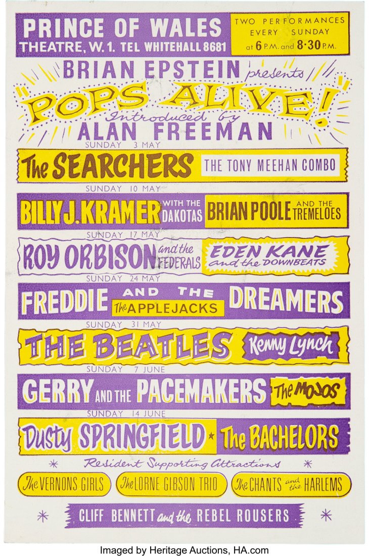 The Beatles 1964 London, England "Pops Alive!" M: The Beatles 1964 London, England "Pops Alive!" Marquee-Style Handbill. An original paper concert flyer advertising The Beatles and many other hit acts performing at the Prince of Wales Theatre in Lond