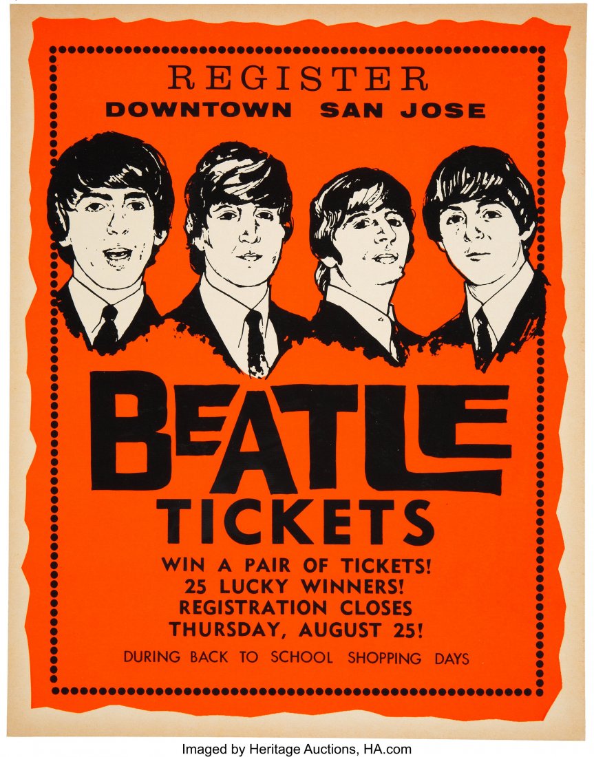 The Beatles 1966 San Francisco Bay Area Ticket-C: The Beatles 1966 San Francisco Bay Area Ticket-Contest Poster. A fun and unusual 1966 Day-Glo contest poster to win tickets to the Beatles' final concert ever, at San Francisco's Candlestick Park, on