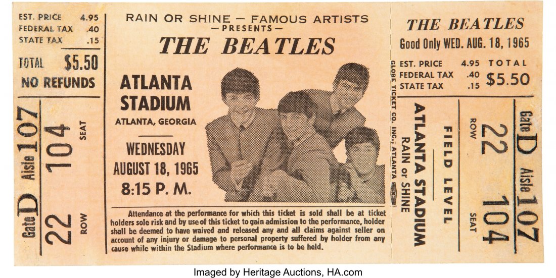 The Beatles Unused Atlanta Stadium Ticket (1965): The Beatles Unused Atlanta Stadium Ticket (1965). An unused ticket from the Beatles' performance in Atlanta on August 18th, 1965. Measures approx: 5" by 2 &frac12;". Many of the venues the Beatles