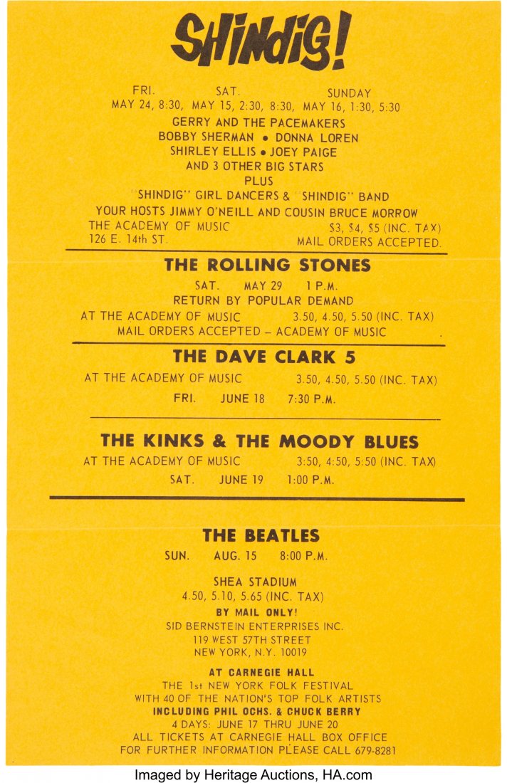 The Beatles Shea Stadium & Rolling Stones 1965 ": The Beatles Shea Stadium & Rolling Stones 1965 "Shindig!" Sid Bernstein NYC Handbill. An original paper concert flyer advertising the Beatles' first appearance at Shea Stadium, plus the Rolling St