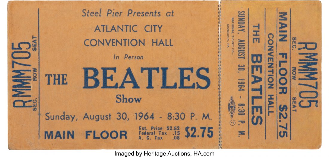 The Beatles Atlantic City Convention Hall Unused: The Beatles Atlantic City Convention Hall Unused Concert Ticket Plus Photo (Steel Pier, 1964). Rare and very desirable. For the Beatles' appearance at the Atlantic City Convention Hall on Sunday Augus