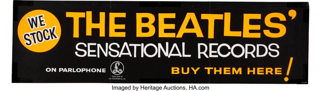The Beatles 1963 "Sensational" U.K. Parlophone P: The Beatles 1963 "Sensational" U.K. Parlophone Promotional Banner. An original EMI/Parlophone promotional banner-poster, as sent out to record stores and retailers, for The Beatles' "Sensational Recor