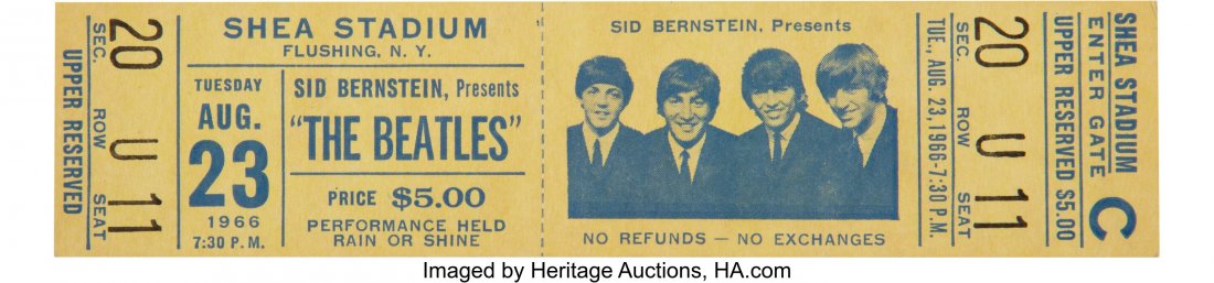 The Beatles Shea Stadium Unused Concert Ticket (: The Beatles Shea Stadium Unused Concert Ticket (August 23, 1966). An unused ticket for the Fab Four's August 23, 1966 show in New York, one of their last live performances before retiring to to the st