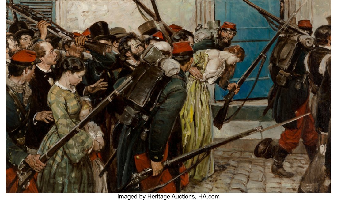 Harold von Schmidt (American, 1893-1982) Versail: Harold von Schmidt (American, 1893-1982) Versailles Troops Took Paris Oil on canvas 30 x 50-1/2 inches (76.2 x 128.3 cm) Signed and dated lower right Signed, titled, and inscribed on the reverse HID03