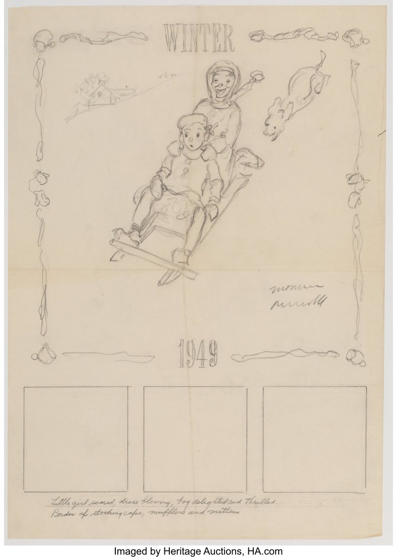Norman Rockwell (American, 1894-1978) Downhill D: Norman Rockwell (American, 1894-1978) Downhill Darling, Young Love Series, Brown and Bigelow calendar study, 1949 Pencil on paper 23-1/4 x 16 inches (59.1 x 40.6 cm) Signed center right The tearsheet 