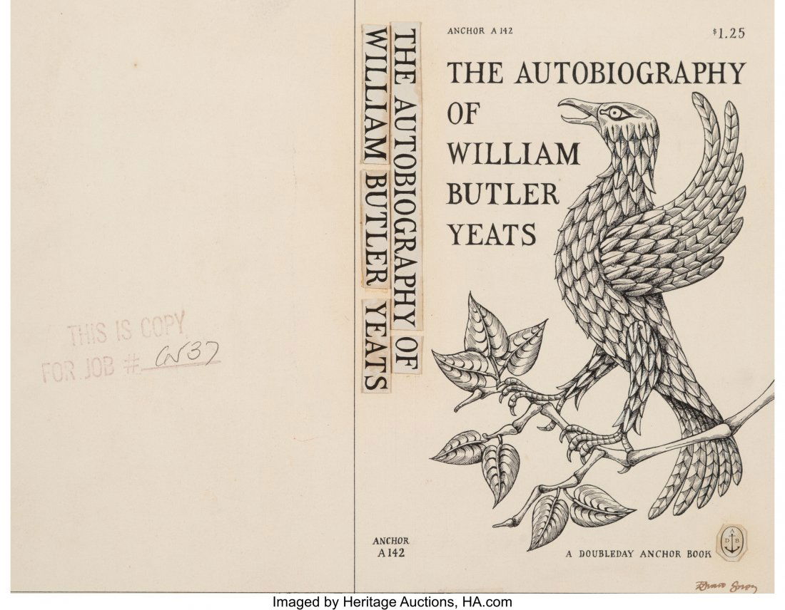 Edward Gorey (American, 1925-2000) The Autobiogr: Edward Gorey (American, 1925-2000) The Autobiography of William Butler Yeats book cover, 1958 Ink and collage on board 11 x 9 inches (27.9 x 22.9 cm) Signed lower right This work was illustrated on th