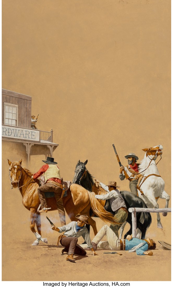Stanley Borack (American, 1927-1993) Outlaw's Em: Stanley Borack (American, 1927-1993) Outlaw's Empire, paperback cover, 1987 Oil on Masonite 30 x 18 inches (76.2 x 45.7 cm) Signed lower left This illustration was published as the cover for Outlaw's