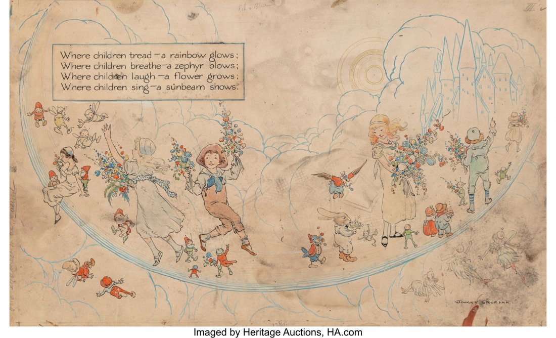 Johnny Gruelle (American, 1880-1938) Little Brow: Johnny Gruelle (American, 1880-1938) Little Brown Bear endpapers, 1920 Watercolor and ink on board 9-7/8 x 16 inches (25.1 x 40.6 cm) (image) Signed lower right This illustration was published as the 