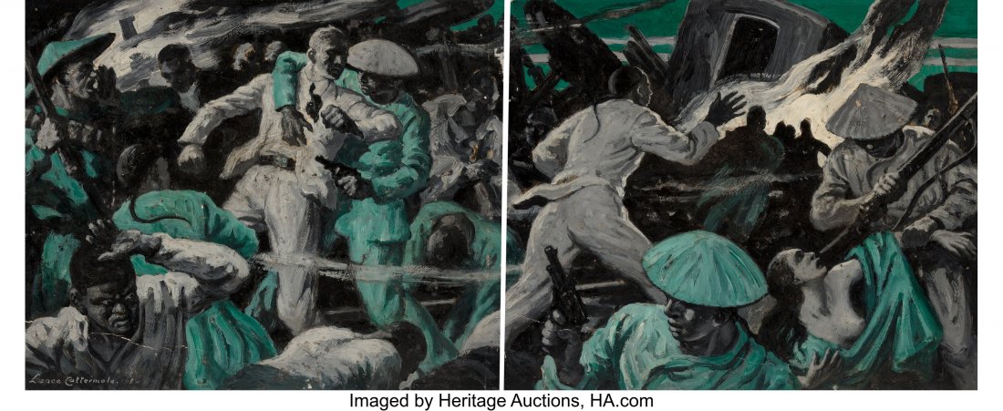 Lance Cattermole (British, 1898-1992) The Siege,: Lance Cattermole (British, 1898-1992) The Siege, Pall Mall illustration (pair) Gouache on board 12 x 14-3/4 inches (30.5 x 37.5 cm) (image, each) Signed lower left HID03101062020 © 2020 Heritage 
